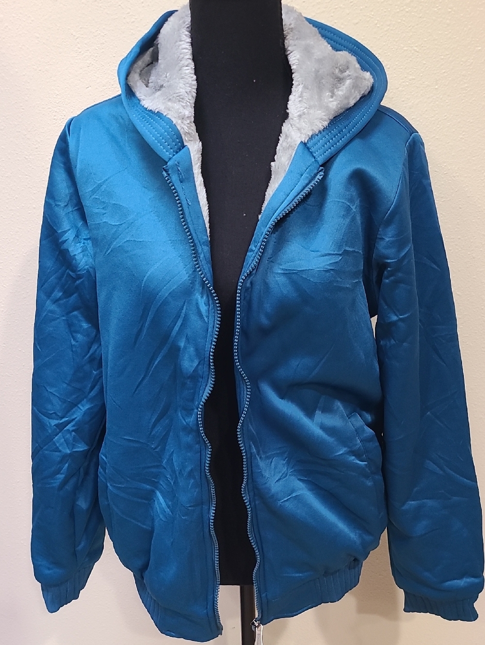 NWOT Amazon Women's Teal Blue Hooded Jacket with Gray Faux Fur Lining